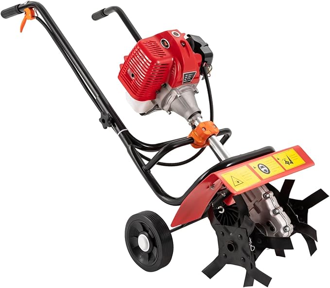 Gas Powered Tiller 52CC 2 Stroke Commercial Heavy Duty Tiller 1.9KW Hand Rotary Cultivator Rototiller Garden Tool with Long Handle for Soil Cultivation