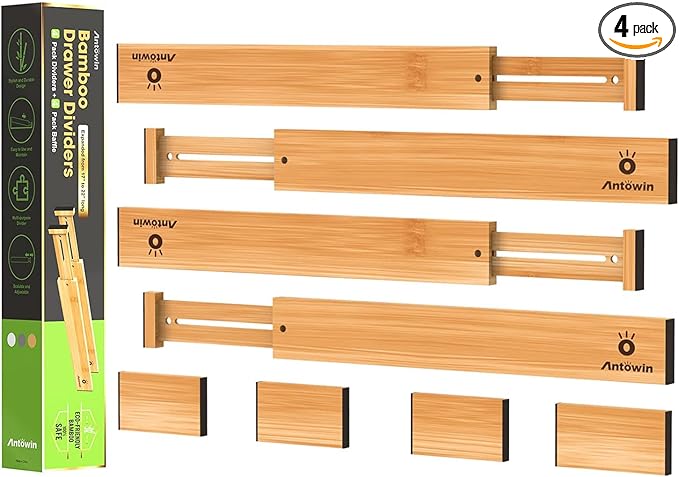 ANTOWIN Bamboo Drawer Dividers Organizers, Drawer Separators Splitter,17-22 inches Long Adjustable Spring-loaded Organizer for Large Utensil, Clothes, Tools Drawers(yellow)