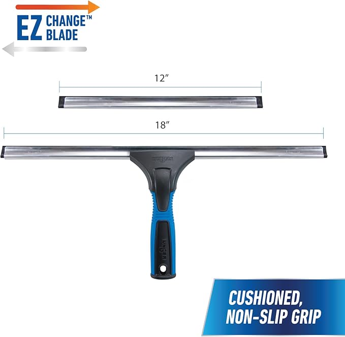Unger Professional Connect and Clean 18” EZ Change Window and Glass Cleaning Squeegee, Large and Small Windows, Rubber Blade Tool for Streak-Free Results, Includes 12” Channel