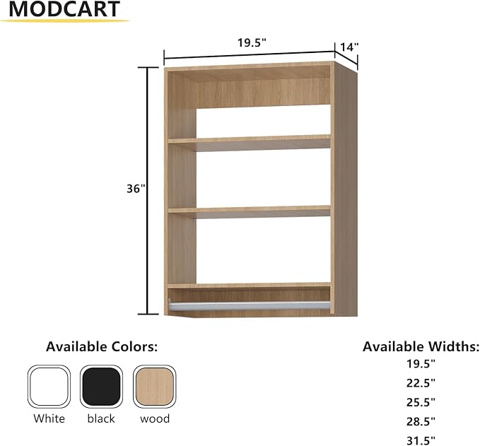 MODCART Medium Double Hanging Closet Unit, Modular Closet System, Wood Closet System Organizer with Storage for Walk In Closets, Clothing Rack Closet for Hanging Clothes, Bedroom, Wood, 19.5"W