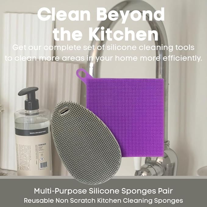 Silicone Dish Sponge Dish Scrubber (Oval and Square) - Dual-Sided, Food Grade Silicone Sponges for Dishes and Housecleaning 2-Pack