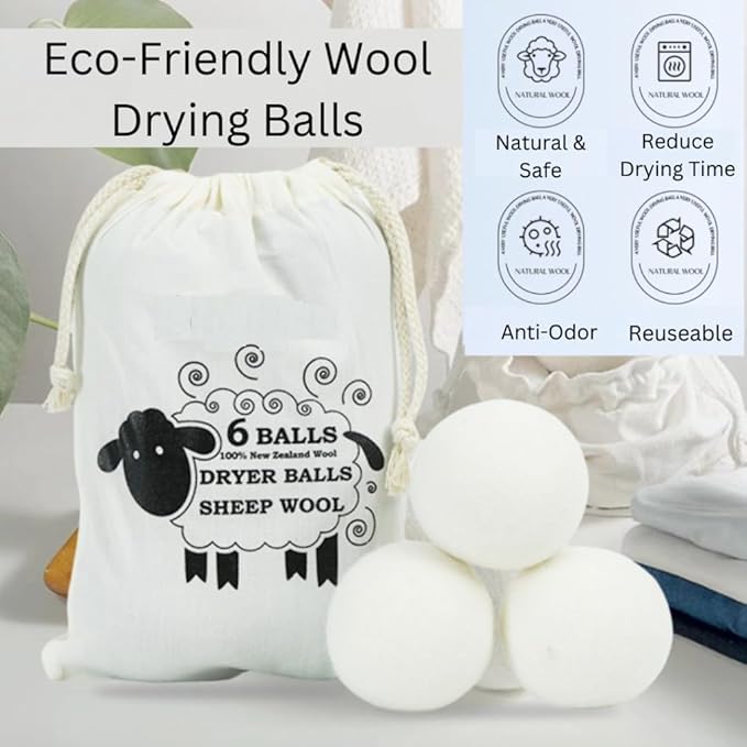 Wool Dryer Balls (6-Pack) – 100% Organic New Zealand Wool, Natural Fabric Softener, Reusable, Reduces Wrinkles & Drying Time, Eco-Friendly, Lint-Free, Chemical-Free Alternative to Dryer Sheets