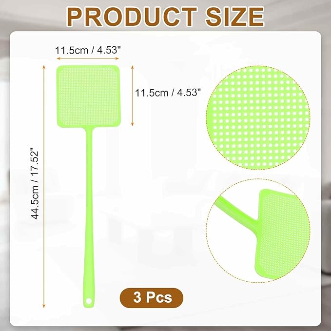 HARFINGTON 3pcs Fly Swatter 4.5"x4.5" Plastic Manual Heavy Duty Long Handle Fly Swatter for Home Indoor Outdoor, Green