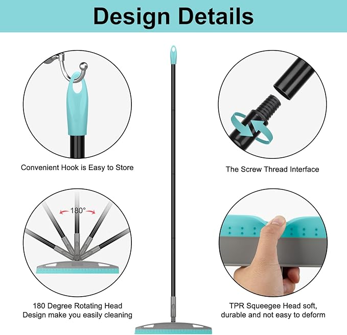 Multifunction Magic Broom, Silicone Floor Squeegee Broom with 59" Long Handle, Scraping Broom for Floor Bathroom Kitchen Shower Tile Pet Hair Fur Marble Glass Water Window Foam Cleaning, Blue