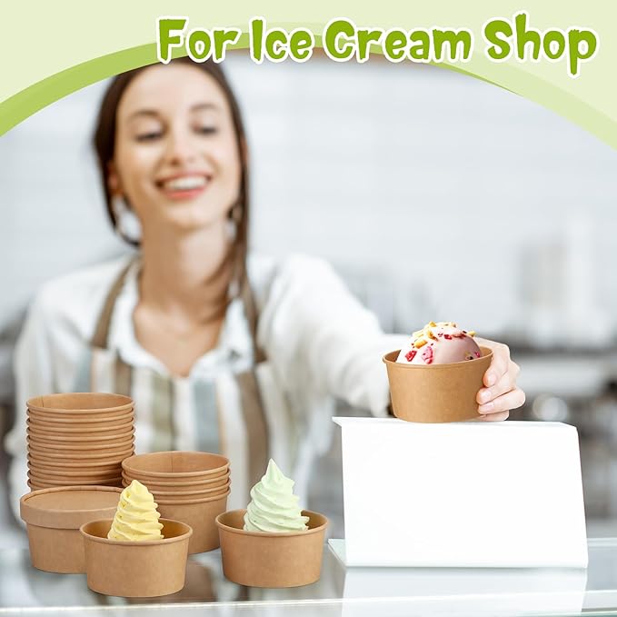 Fulmoon 100 Pack Paper Soup Containers with Lids Disposable Paper Food Containers with Vented Lids Kraft Ice Cream Bowls Soup Cup Ice Cream Cups for Restaurants(4 oz,Brown)