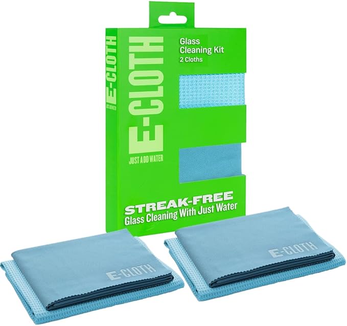 E-Cloth Microfiber Window Cleaning Cloth Kit - Glass Cleaning Cloth for Windows, Mirrors, Cars, Lenses, Eyeglasses, & More, Streak Free Clean, Machine Washable Reusable Towel - Alaskan Blue (2 Kits)