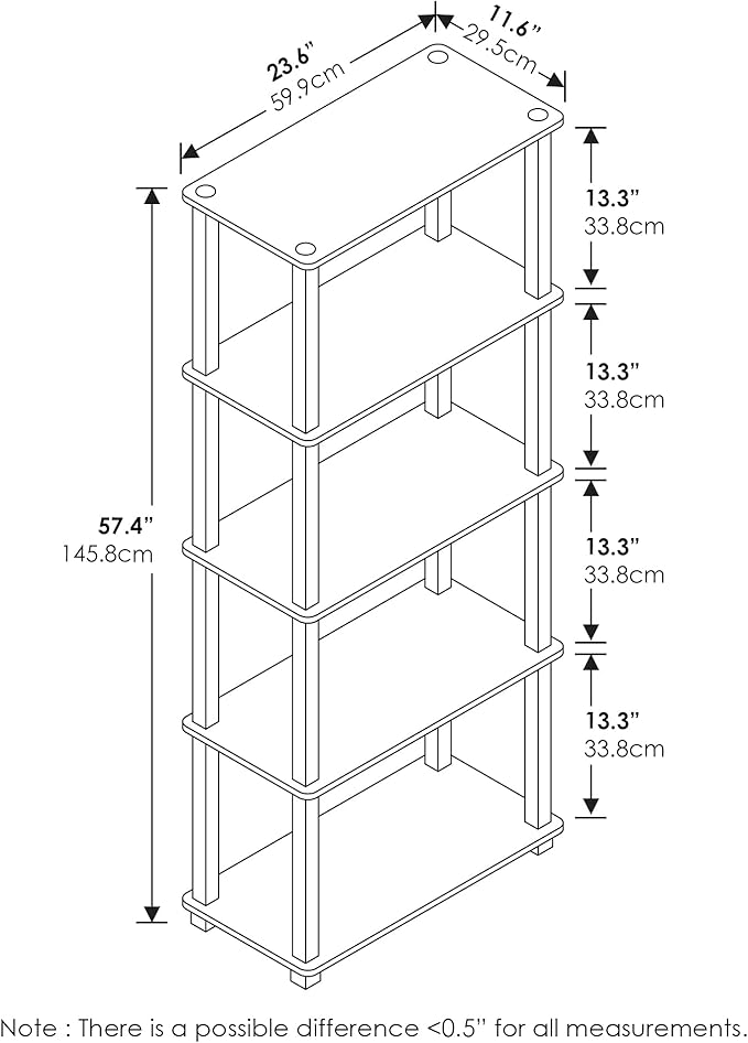 Furinno TURN-S-TUBE Book Shelf, 5-Tier Toolless Storage Shelves with Square Tubes, Shelving Unit for Organization and Storage for Living Room, Home Office, Light Blue