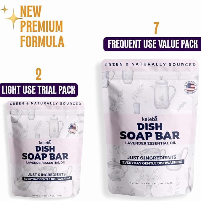 KELEBS 2 Dish Soap Bars | Lavender Essential Oil Formula | Natural & Organic Ingredients | Gentle on Hands | For Plant-Based Kitchens & Light Dishwashing | Biodegradable | No Overpour | Value Pack