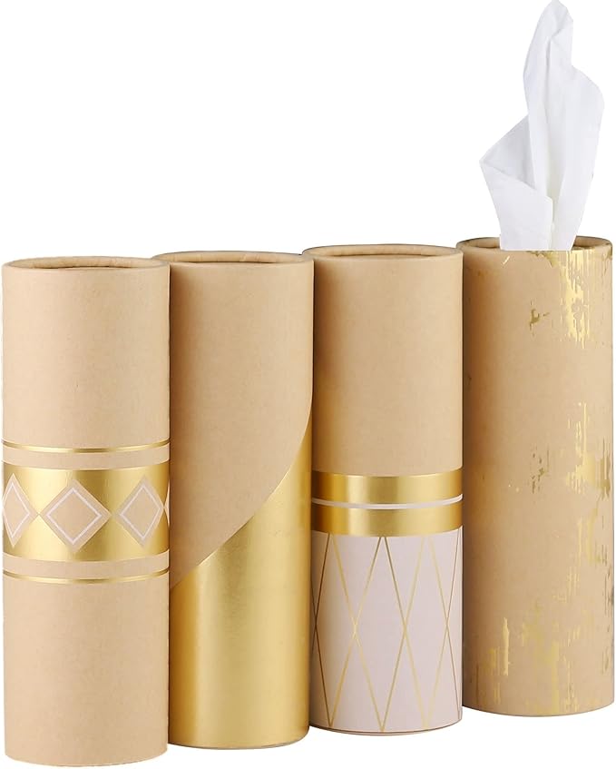 Car Tissue Holder with 3-ply Facial Tissues Bulk - 4 PK Gold Foil Cylinder, for Car, Travel Cup Holder, Refill Box Round Container Kraft