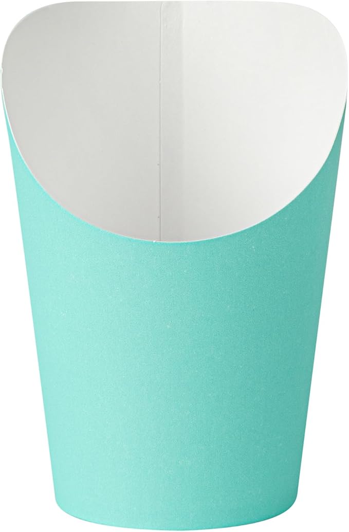 Restaurantware Bio Tek 12 Ounce French Fry Containers, 100 Disposable Charcuterie Cups - Incline Design, Round, Turquoise Paper French Fry Cups, Stackable, For Waffles, Chips, or Popcorn