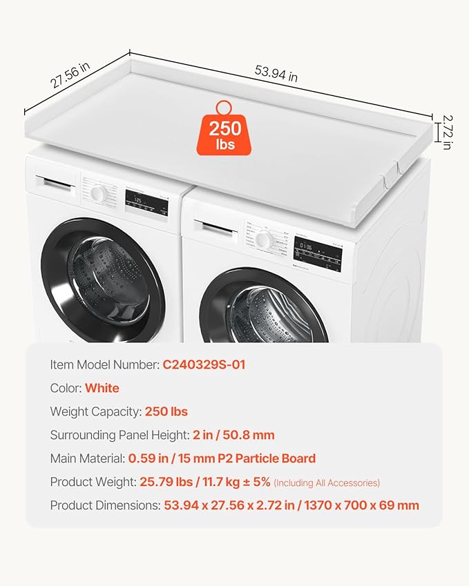VEVOR Washer Dryer Countertop, 54" x 27" Wooden Washer and Dryer Countertop, Water-Resistant Laundry Machine Topper Cover with Anti-Slip Pads, for Laundry Room Organization and Storage, White