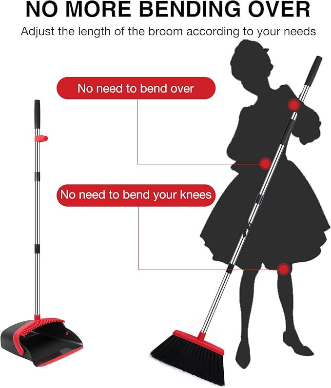 NACENA Broom and Dustpan Set, 52-in Long Adjustable Handle Broom Dustpan Combo with Dustpan Teeth to Automatically Clean Hair Suitable for Home Kitchen Office Hall Floor (Black&Red), 2 Pack