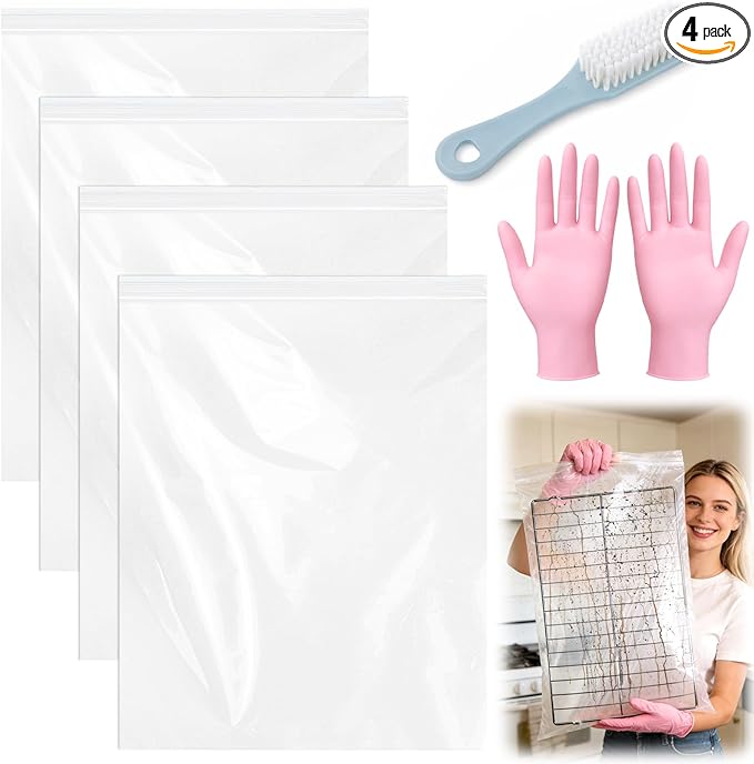 Juome Oven Rack Cleaning Bags, 4 Pack Reusable No Scrub Oven Rack Cleaning Bags Kit with 6 Gloves & 1 Brush, Leak Proof PE Cleaner Bags (19.7 * 27.5 inch) for Deep Soaking BBQ Racks, Grill Grates