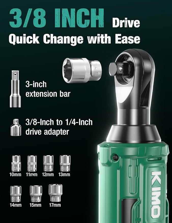 KIMO 20V Cordless Ratchet Wrench 1/2" Set, 74 Ft-lbs 400 RPM Electric Ratchet Wrench, Battery Powered Ratchet with 7 Sockets, 3" Extension Bar, 3/8" Adapter, 2-Pack Lithium-Ion Batteries, Fast Charger