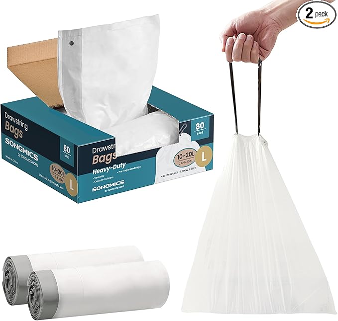 SONGMICS Trash Bags for 5.3 Gallon (20 L) Trash Cans, Drawstring Kitchen Garbage Bags, Pre-Separated, Quick-Dispense Box, Liner Code L, 2 Rolls, 80 Count, White UKRB021A02