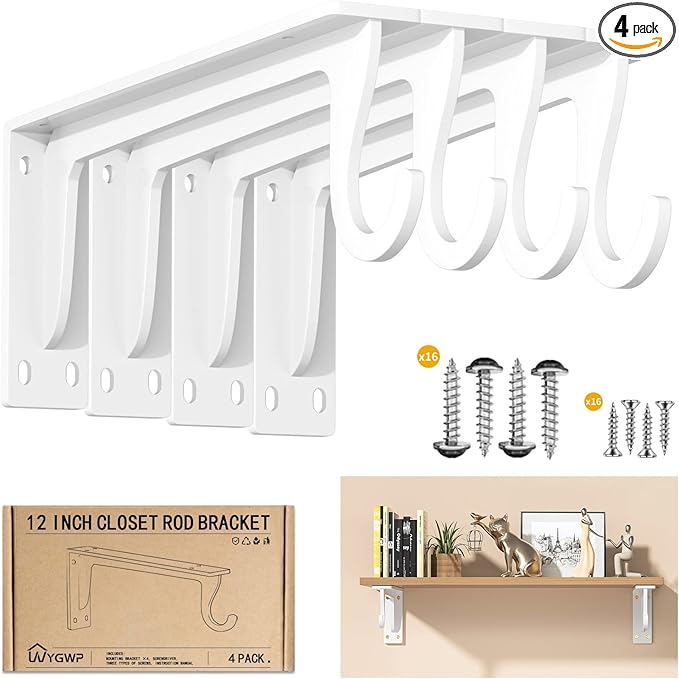 Closet Rod Support Bracket 12 inch WYGWP Heavy Duty Closet Shelves Brackets with Rod Shelving Supports 400lbs, Wall Mounted Shelf and Rod Holder for Armoire Wardrobe and Walk-in Closet Decor