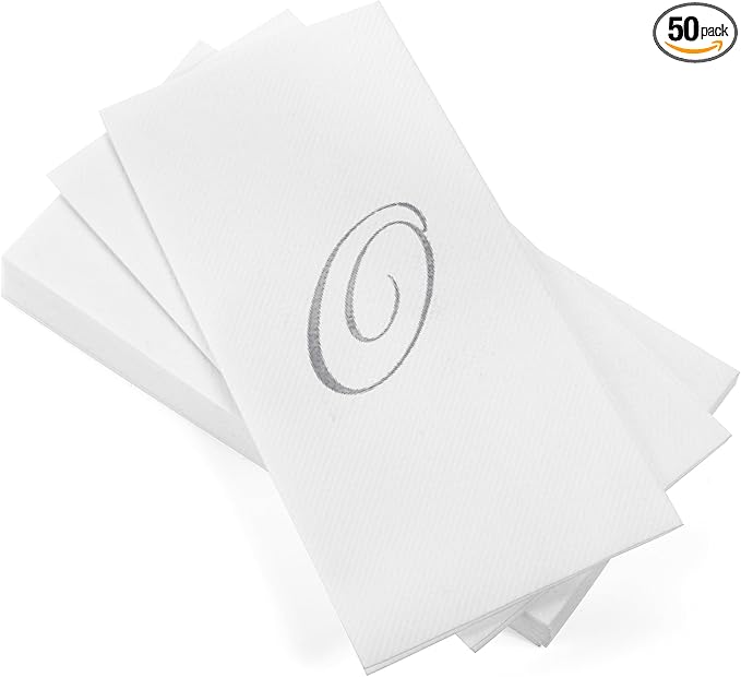 AMERICAN HOMESTEAD Disposable Hand Towels - Silver Foil Monogrammed Guest Napkins - Linen-Like Bathroom Paper Towels for Guests - Perfect Wedding and Party Napkins - 50 Count (Silver O)