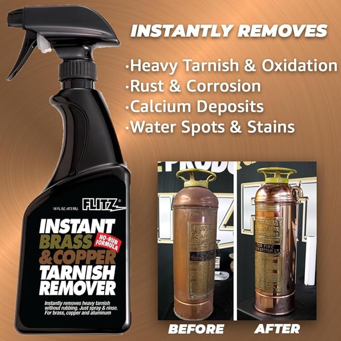 FLITZ Instant Brass and Copper Tarnish Remover - 32oz Bottle of USA-Made Organic Rust Remover Spray (No-Rub) - Removes Stains & Oxidation from Glass & Aluminum - Brass Cleaners That Work (1 Pack)