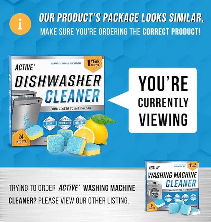 Dishwasher Cleaner And Deodorizer Tablets - 24 Pack Deep Cleaning Descaler Pods for Dish Washer Machine, Heavy Duty, Septic Safe, Natural Limescale Remover, Calcium, Odor, Smell - 12 Month Supply