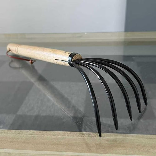 15"Garden rake, 5-Prong Steel Leaf Rake with Solid Wood Handle for Gardening, Beach Combing & Soil Loosening