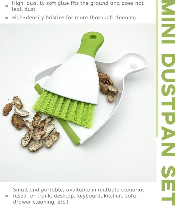 Small Hand Dust Pan and Brush - Small Broom and Dustpan Set, Mini Broom and Dustpan, Compact Dustpans and Brush for Home Cleaning, Sofa, Desk, Guinea Pig Cage, Cat Litter, etc. (Green 3 Set)