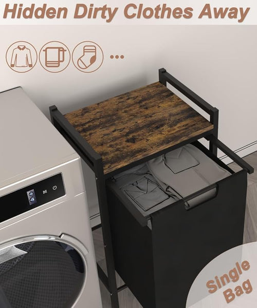 14.5 Gal Large Laundry Hamper with Wheels, Pull-Out & Removable Sorter Bags, Freestanding Clothes Basket Organizer for Clothing or Toys in Bathroom and Living Room, Rustic Brown and Black
