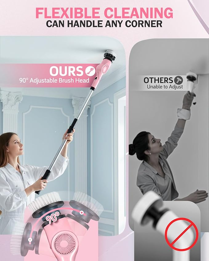 Electric Spin Scrubber, 3-Speed Cordless Shower Scrubber with Long Handle & 10 Replaceable Brush Heads, 90 Mins Runtime & Full-Body IPX7 Waterproof Shower Cleaner Brush for Bathroom Kithchen