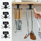 4 PCS Under Cabinet Kitchen Utensils Hooks Utility Nail Free 360°Rotating Hooks Adhesive Hanging Storage Rack for Tools/Towel/Knife(Black)
