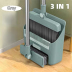 3 in 1 Broom and Dustpan Set with Adjustable Push Broom with 48.8“ Long Handle for Floor Sweeping Outdoor Indoor Sweeping Combo for Home & Kitchen (Green)