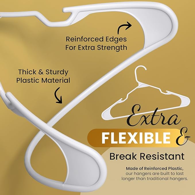 Our Modern Space 50 Pack Adult Plastic Hanger for Shirt Pants Coats Dresses Skirts Suits Jackets - Standard Thick Coat Hanger - Sturdy & Durable Design with Shoulder Grooves Hook - White