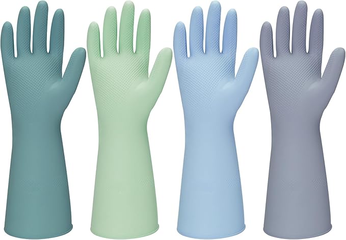 Rubber Kitchen Dishwashing Gloves - 4 Pairs Colorful Reusable Household Cleaning Gloves For Washing Dishes And Cleaning Tasks，Flexible And Durable Waterproof (Large, Dark Green+Blue+Green+Gray)