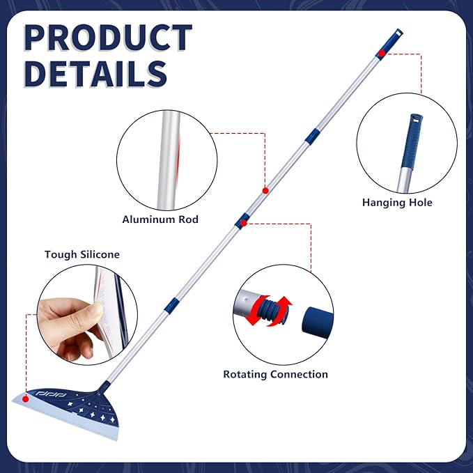 Magic Air Broom, Silicone Broom Floor Squeegee for Glass and Floors with 60’’ Long Aluminum Adjustable Handles,Silicone Squeegee Broom or Pet Hair, Dust and Liquids (Blue)