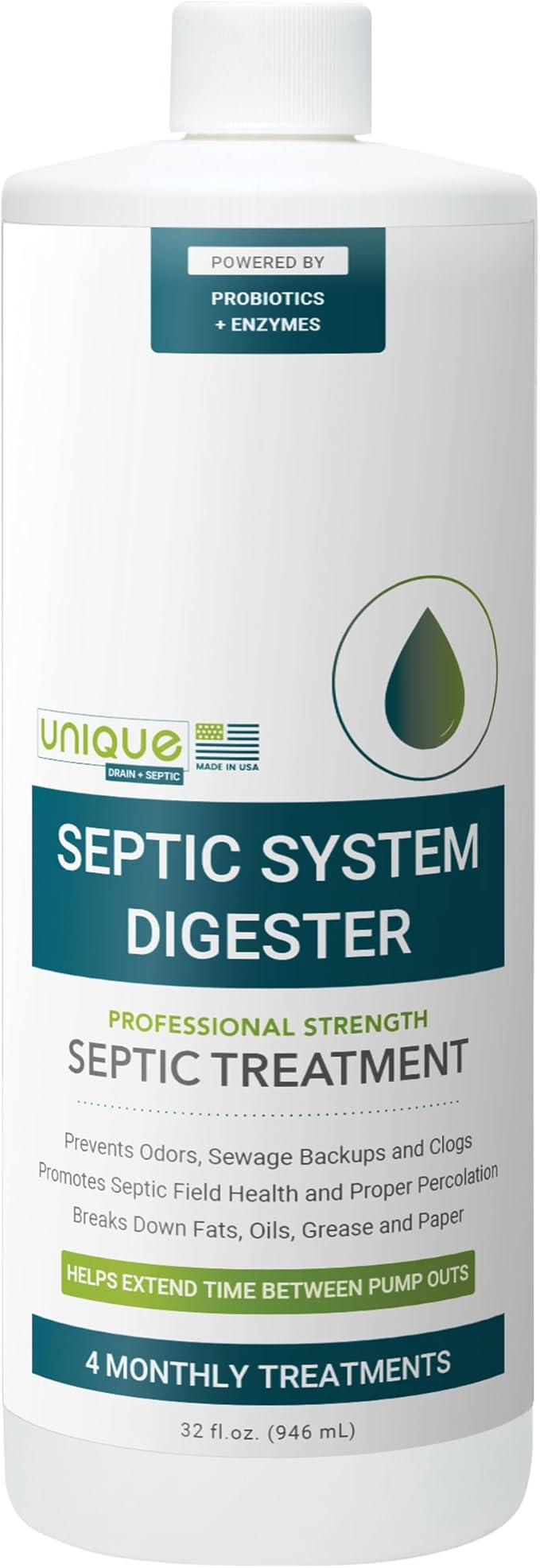 Unique Septic System Digester - 4 Monthly Live Bacteria Septic Tank Treatments - Prevents Back-Ups, Clogs and Odors (32 oz)