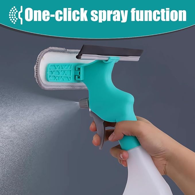 4 in 1 Window Cleaner, Spray Window Squeegee with Spray Bottle & Squeegee & Fabric Washer Head & Brush for Home Car Glass Cleaning