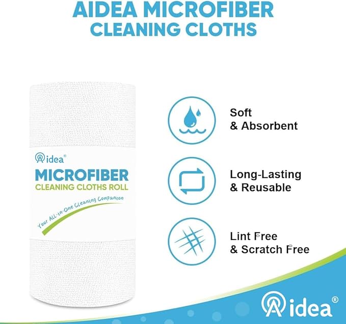 AIDEA Microfiber Cleaning Cloth Roll, Shop Towels 165 Sheets(3 Roll), Tear Away Reusable Paper Towels, White Rags for Bars, Cleaning Rags for Automotive, Mechanic, Workshops, House, 11×9"