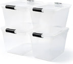 HOMZ 4-Pack 31 Quart Latching Lid, Clear Plastic Storage Organizer Bins, Gray – Stackable Containers for Home & Office Shelves, Kitchen, Garage, and Bathroom Organization