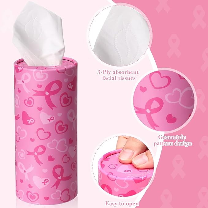 Outus 12 Pcs Breast Cancer Awareness Car Tissues Cylinder Holder with 3 Ply Facial Tissue Bulk Ribbons and Hearts Tissue Holder Travel Tissues Boxes Container for Car Cup Office Home Charity Event