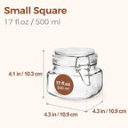 ComSaf Set of 6 Square Glass Jars with Airtight Wire Clamp Lids (17 Oz), Wide Mouth Pantry Canisters for Overnight Oats, Jam, Pickling, Spice Storage, Gifts