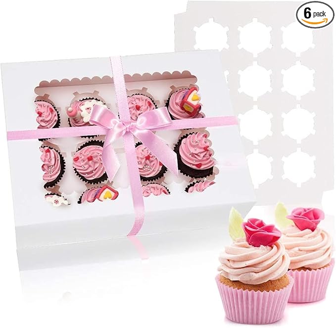 Rarapop 6 Pack Cupcake Boxes Hold 12 Standard Cupcakes, Food Grade Cupcake Holders Bakery Carrier Boxes with Windows and Inserts for Cupcakes, Muffins and Pastries