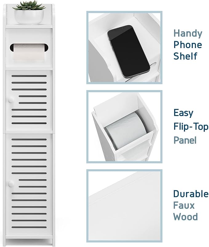 StorageBud Bathroom Storage Organizer - Floor Standing with Shelves - Includes 2 Apothecary Jars - Tall Bathroom Storage Cabinet for Toilet Paper, Towel & Other Bathroom Storage Accessories - White