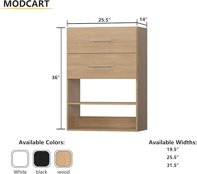 MODCART 2 Drawer Short Tower Closet Unit, Modular Closet System, Wood Closet System Organizer with Storage for Walk In Closets, Clothing Rack Closet for Hanging Clothes, Bedroom, Wood, 25.5"W