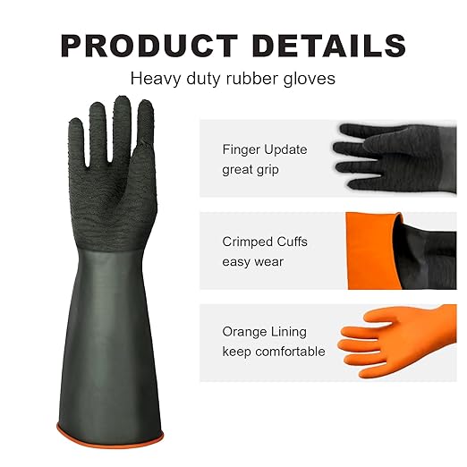 North Tower Heavy Duty Rubber Gloves, Industrial Gloves Waterproof Reusable Protective Work for Cleaning, Dishwashing, Upgraded with Non-Slip Design, Black(22in,1pair)
