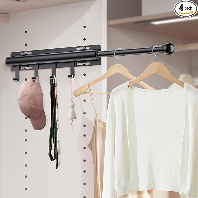Supforce Valet Rod for Closets, 12" Valet Rod With 4 Hooks, Closet Organizer Slide Out Clothing Hanger Rods Extender Perfect for Suits,Dresses,Belt,Tie, Black