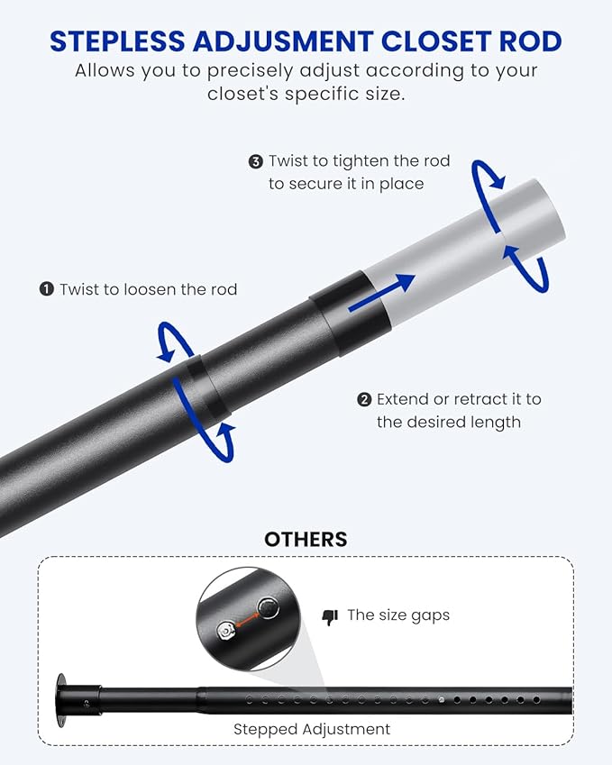 Supforce Closet Rods for Hanging Clothes, 17 to 39 Inches Stepless Adjustable Metal Closet Rod, 1.3 Inches Heavy Duty Clothes Hanging Rod for Closet Wardrobes Laundry RV, Black