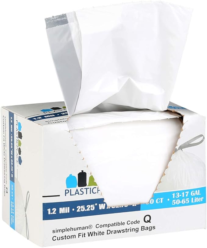 Plasticplace Custom Fit Trash Bags, Compatible with Simplehuman Code Q (50 Count), 13-17 Gallon Drawstring Garbage Liners, Heavy Duty Tear-Resistant