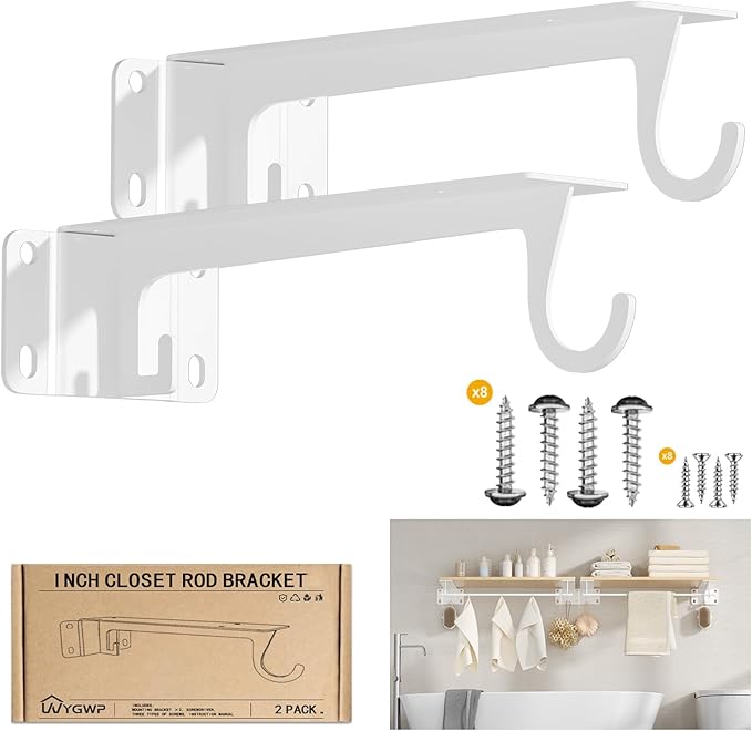 Heavy Duty Closet Rod Bracket 2 Pack WYGWP Wall Mounted Closet Shelf Brackets Supports 200lbs,White Closet Rod Support Bracket for DIY Home and Closet Decor