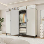 Heavy Duty Covered Clothes Rack with Magnetic Door Foldable Portable Wardrobe Closet for Hanging Clothing Rolling Black Metal Garment Rack on Wheels Closet System (White, 65.9in)