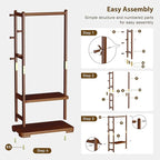 Taitiy Coat Rack Solid Wood Clothes Rack with 2 Shelves & 4 Hooks for Hanging Clothes Garment Wallets Hats, Clothing Rack Heavy Duty Coat Rack Freestanding with Storage Hall Tree for Hallway Bedroom