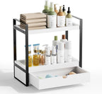 Boulphia 2-Tier Bathroom Organizer Countertop with Drawer, Wood Bathroom Counter Shelf for Storage, Vanity Organizer Countertop for Kitchen, Office