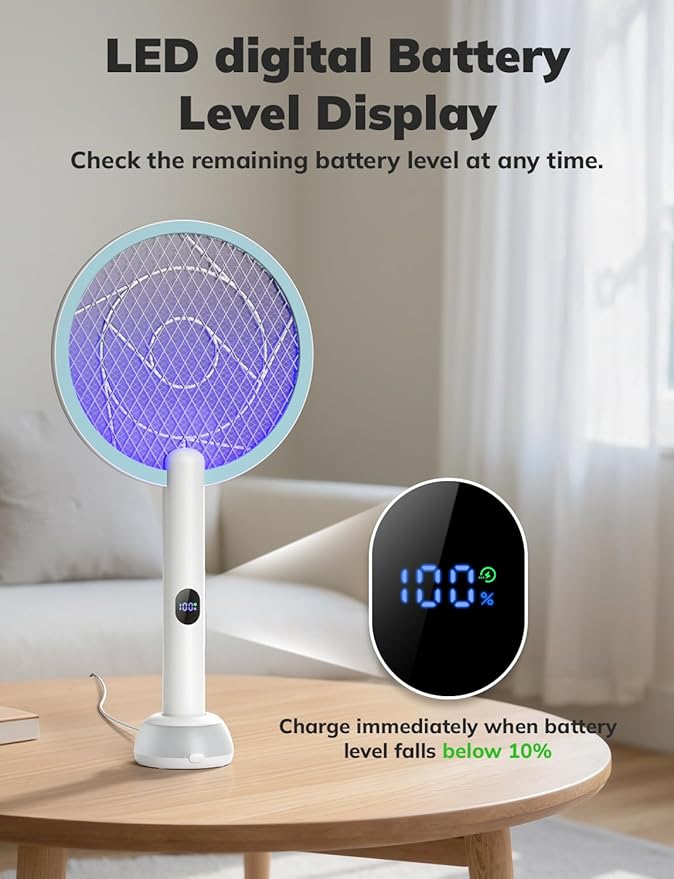 YISSVIC Electric Fly Swatter Bug Zapper Racket 4000V LED Screen Dual Modes Fly Zapper Rechargeable for Indoor Home Office Backyard Patio Camping